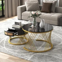 Lot de 2 tables basses gigognes rondes, plateau effet marbre et tiroirs en rotin synthétique, pieds métal, 70x70x45,5 cm + 50x50x38,5 cm, Noir(m-5)