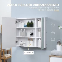 kleankin Armário com Espelho de Casa de Banho com Luz LED Suspenso 2 Portas e Interruptor Tátil Estilo Moderno 70x15x65 cm Branco(m-5)