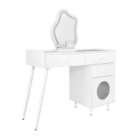 Schminktisch mit LED-Spiegel, Beleuchtung und Stauraum, Weiß, Kosmetiktisch für Schlafzimmer mit 3 Schubladen und Tür, Weiß(m-2)