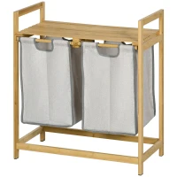 HOMCOM Cesto de Roupa de Bambu Cesto de Roupa Suja com 2 Bolsas Amovíveis e 2 Prateleiras para Casa de Banho 64x33x73 cm Madeira(m-11)