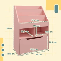 HOMCOM Estante de Madeira para Brinquedos com 3 Compartimentos 2 Prateleiras e Gaveta Móvel com 4 Rodas 60x29,9x90 cm Rosa(m-3)