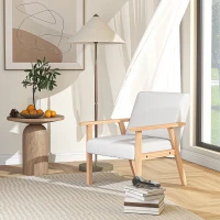 HOMCOM Accent Chair Wood Frame with Thick Linen Cushions Wide Seat Armchair Home Furniture Bedroom Office Cream White(m-2)
