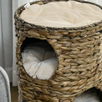 PawHut Kocia Wieża, Beczka Drapak, 3 Jaskinie z Poduszkami, Ø40x73H cm, Ciemnobrązowa(m-9)