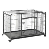 PawHut Kennel Gabbia per Cani Pieghevole a Doppia Porta con Blocco, Box per Cani con 4 Ruote con Freno e Fondo Rimovibile, 125x76x81cm, Grigio Scuro(m-10)
