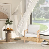 HOMCOM Accent Chair Wood Frame with Thick Linen Cushions Wide Seat Armchair Home Furniture Bedroom Office Cream White(m-7)