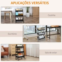 HOMCOM Carrinho Auxiliar com Rodas de 3 Níveis Carrinho de Cozinha com 3 Cestas de Aço e 1 Bancada de Madeira 45x31x79,4 cm Preto(m-7)