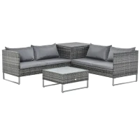 Outsunny Conjunto de 4 Móveis de vime para Jardim com 2 Sofás Duplos Mesa central mesa de baú e almofadas removíveis 132x69x64 cm Cinza(m-13)