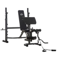 HOMCOM Banco de Musculação Multifuncional Banco de Pesos com Encosto Inclinável e Suporte de Barras com Altura Ajustável para Treinamento do Corpo Completo 187x140x117-136cm Preto(m-10)