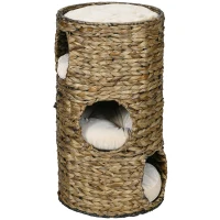 PawHut Kocia Wieża, Beczka Drapak, 3 Jaskinie z Poduszkami, Ø40x73H cm, Ciemnobrązowa(m-1)