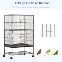 PawHut Gaiola para Pássaros com Rodas Bandeja Amovível 4 Portas 4 Comedouros e Prateleira de Armazenamento 78x52x132cm Cinza(m-6)