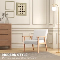 HOMCOM Accent Chair Wood Frame with Thick Linen Cushions Wide Seat Armchair Home Furniture Bedroom Office Cream White(m-4)