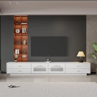 Mobiletto Porta TV Grande con 4 Cassetti e 2 Porte in Vetro, Sistema di Gestione dei Cavi, Supporto per TV fino a 90 Pollici, 220x40x33 cm, Bianco(m-5)