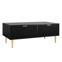 Tavolino Basso Elegante con Decorazioni Dorate, 2 Cassetti e Design a Righe Verticali, 100x50x40 cm - Tavolino da Salotto Moderno, Nero+Oro(m-2)