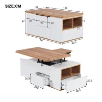Tavolino da Salotto Multifunzione Regolabile in Altezza con Doppia Tavola Estraibile, Grande Capacità di Stoccaggio, 100x51x47 cm, Bianco(m-3)