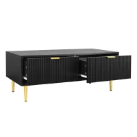 Tavolino Basso Elegante con Decorazioni Dorate, 2 Cassetti e Design a Righe Verticali, 100x50x40 cm - Tavolino da Salotto Moderno, Nero+Oro(m-8)