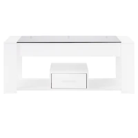 Tavolino da Salotto Moderno con Piano in Vetro, Scomparti Chiusi e Ampio Ripostiglio, 100x50x40 cm, Bianco(m-6)