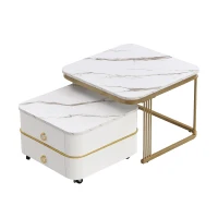 Set di Tavolini da Salotto Impilabili in Marmo Lucido con Accenti Dorati e Cassetti, 60x60x45 cm + 50x50x34 cm, Bianco(m-7)