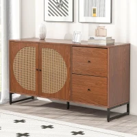 Credenza Moderna per Soggiorno e Cucina, con 2 Ante in Rattan e 2 Cassetti, Maniglie in Metallo, 130x40x75 cm, Colore Noce(m-4)
