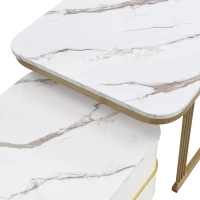 Set di Tavolini da Salotto Impilabili in Marmo Lucido con Accenti Dorati e Cassetti, 60x60x45 cm + 50x50x34 cm, Bianco(m-8)