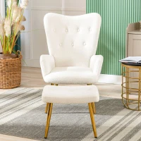 Poltrona Relax in Tessuto Teddy con Poggiapiedi, Design Ergonomico e Struttura in Metallo Dorato, 63x41.5x98 cm, Bianco(m-4)
