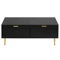 Tavolino Basso Elegante con Decorazioni Dorate, 2 Cassetti e Design a Righe Verticali, 100x50x40 cm - Tavolino da Salotto Moderno, Nero+Oro(m-6)