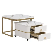 Set di Tavolini da Salotto Impilabili in Marmo Lucido con Accenti Dorati e Cassetti, 60x60x45 cm + 50x50x34 cm, Bianco(m-2)