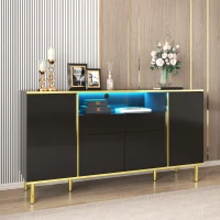 Credenza Moderna Elegante Lucida con 2 Cassetti e 4 Ante, Struttura in LED e Dettagli Dorati, 150x40x80 cm per Soggiorno e Cucina, Nero(m-1)