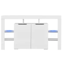 Comodă Modernă Luminoasă cu LED, 4 Rafturi din Sticlă și 2 Uși din Lemn, 140x40x80 cm pentru Living, Albă(m-8)