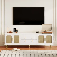 Mobiletto Porta TV in Stile Retro con Maniglie Dorate, Porte in Rattan e Gambe in Metallo, Ampio Spazio di Stoccaggio, 175x38x55,5 cm, Bianco(m-4)