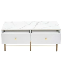 Tavolino da Salotto Moderno in Marmo con 4 Cassetti, Design Rettangolare e Lucido, 105x55x42,5 cm, Bianco(m-7)