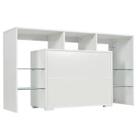 Comodă Modernă Luminoasă cu LED, 4 Rafturi din Sticlă și 2 Uși din Lemn, 140x40x80 cm pentru Living, Albă(m-1)