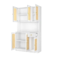 Credenza Alta in Rattan con 6 Ante e Cassetto Centrale Aperto, Ideale per Soggiorno e Ingresso, Credenza Moderna per Soggiorno, Bianco(m-6)