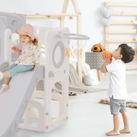 Scivolo Multifunzione 6-in-1 per Bambini con Rampa, Doppia Piattaforma, Armadietti, Canestro e Scala, in Polietilene ad Alta Densità, 174x150x95 cm - Scivolo da Giardino per Bambini, Grigio+Bianco(m-8)