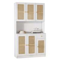 Credenza Alta in Rattan con 6 Ante e Cassetto Centrale Aperto, Ideale per Soggiorno e Ingresso, Credenza Moderna per Soggiorno, Bianco(m-2)
