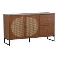 Credenza Moderna per Soggiorno e Cucina, con 2 Ante in Rattan e 2 Cassetti, Maniglie in Metallo, 130x40x75 cm, Colore Noce(m-2)