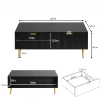 Tavolino Basso Elegante con Decorazioni Dorate, 2 Cassetti e Design a Righe Verticali, 100x50x40 cm - Tavolino da Salotto Moderno, Nero+Oro(m-3)