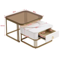Set di Tavolini da Salotto Impilabili in Marmo Lucido e Vetro con Dettagli Dorati e Cassetti, 60x60x42,5 cm + 50x50x34 cm, Bianco(m-3)