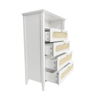 Credenza Moderna Piccola con Dettagli in Rattan e Gambe in Legno Massello, Superficie Laccata, 110x38x80 cm per Soggiorno o Cucina, Bianco(m-7)