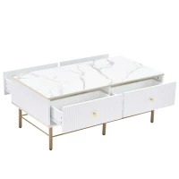 Tavolino da Salotto Moderno in Marmo con 4 Cassetti, Design Rettangolare e Lucido, 105x55x42,5 cm, Bianco(m-9)