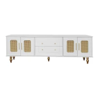 Mobiletto Porta TV in Stile Retro con Maniglie Dorate, Porte in Rattan e Gambe in Metallo, Ampio Spazio di Stoccaggio, 175x38x55,5 cm, Bianco(m-2)