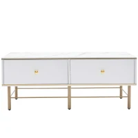 Tavolino da Salotto Moderno in Marmo con 4 Cassetti, Design Rettangolare e Lucido, 105x55x42,5 cm, Bianco(m-6)