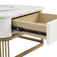 Set di Tavolini da Salotto Impilabili in Marmo Lucido e Vetro con Dettagli Dorati e Cassetti, 60x60x42,5 cm + 50x50x34 cm, Bianco(m-10)