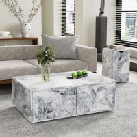 Set di Tavolini da Salotto Moderni in Marmo, Tavolo Grande con Cassetti e Tavolino con Spazio di Stoccaggio, 100x33,5x70 cm + 32x32x50 cm, Bianco(m-1)