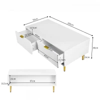 Tavolino da Salotto Moderno con 2 Cassetti e Design a Righe Verticali, 100x50x40 cm - Tavolino da Divano, Bianco+Oro(m-3)