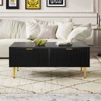 Tavolino Basso Elegante con Decorazioni Dorate, 2 Cassetti e Design a Righe Verticali, 100x50x40 cm - Tavolino da Salotto Moderno, Nero+Oro(m-4)