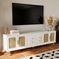 Mobiletto Porta TV in Stile Retro con Maniglie Dorate, Porte in Rattan e Gambe in Metallo, Ampio Spazio di Stoccaggio, 175x38x55,5 cm, Bianco(m-1)