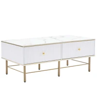 Tavolino da Salotto Moderno in Marmo con 4 Cassetti, Design Rettangolare e Lucido, 105x55x42,5 cm, Bianco(m-2)