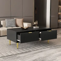 Tavolino Basso Elegante con Decorazioni Dorate, 2 Cassetti e Design a Righe Verticali, 100x50x40 cm - Tavolino da Salotto Moderno, Nero+Oro(m-5)