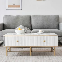 Tavolino da Salotto Moderno in Marmo con 4 Cassetti, Design Rettangolare e Lucido, 105x55x42,5 cm, Bianco(m-4)