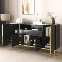 Credenza Moderna Elegante Lucida con 2 Cassetti e 4 Ante, Struttura in LED e Dettagli Dorati, 150x40x80 cm per Soggiorno e Cucina, Nero(m-5)
